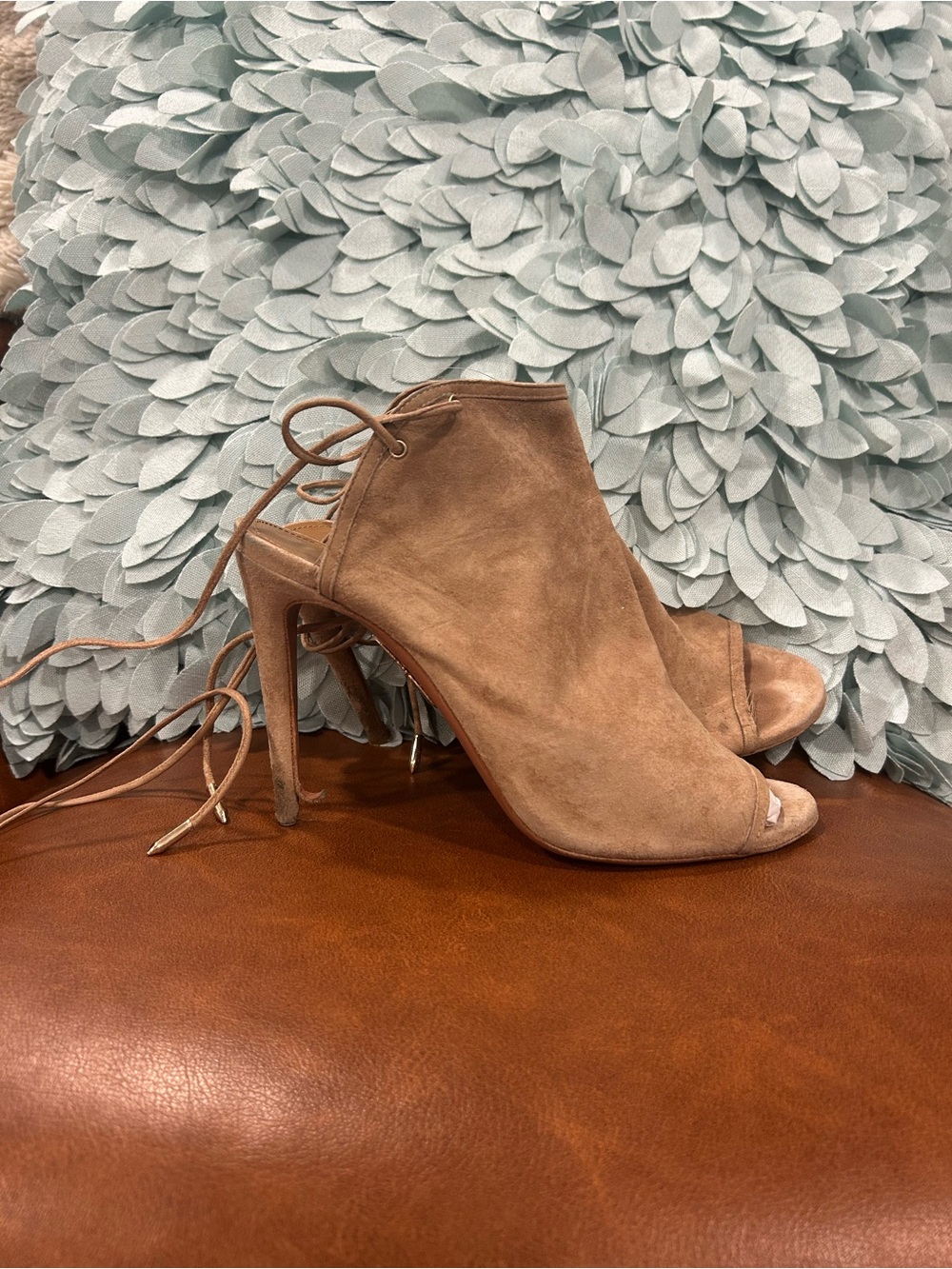 Aquazzura Taupe Suede Open-Toe Lace-Up Ankle Heels